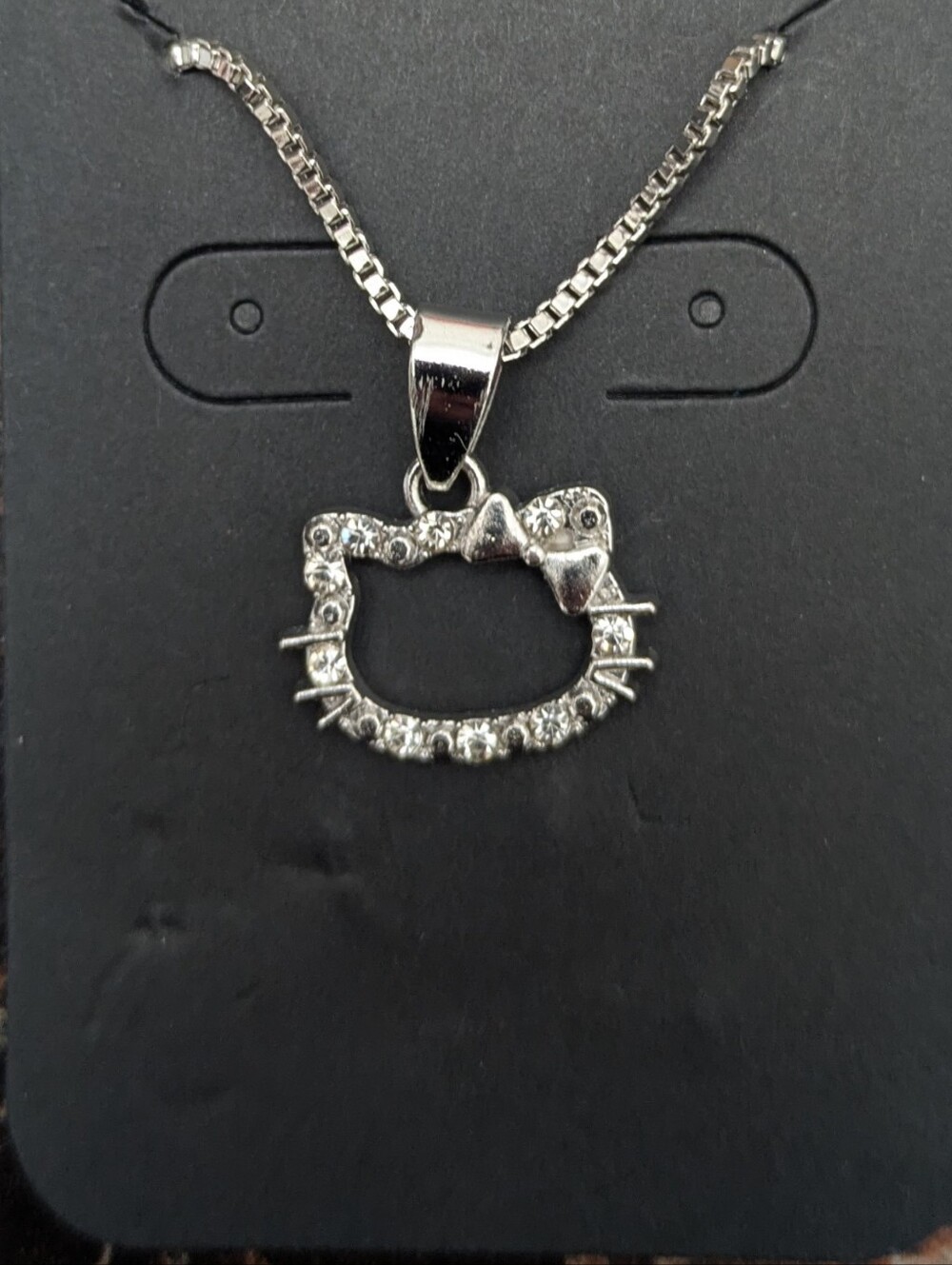 Hello Kitt Cat Face Rhinestone Pendant Necklace - Silver Tone